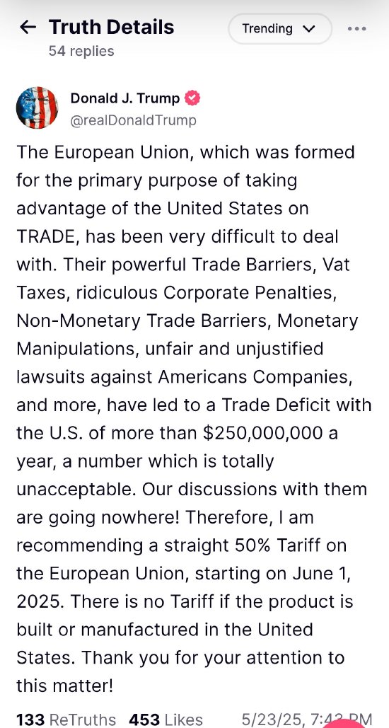 配资之家服务 特朗普：建议6月1日起对欧盟征收50%关税